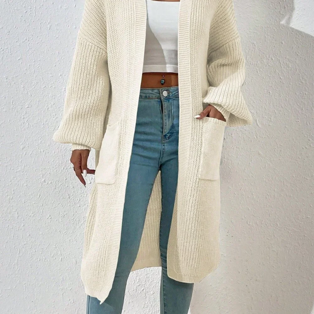 Beige Casual Women's Dual Pocket Drop Shoulder Open Front Cardigan